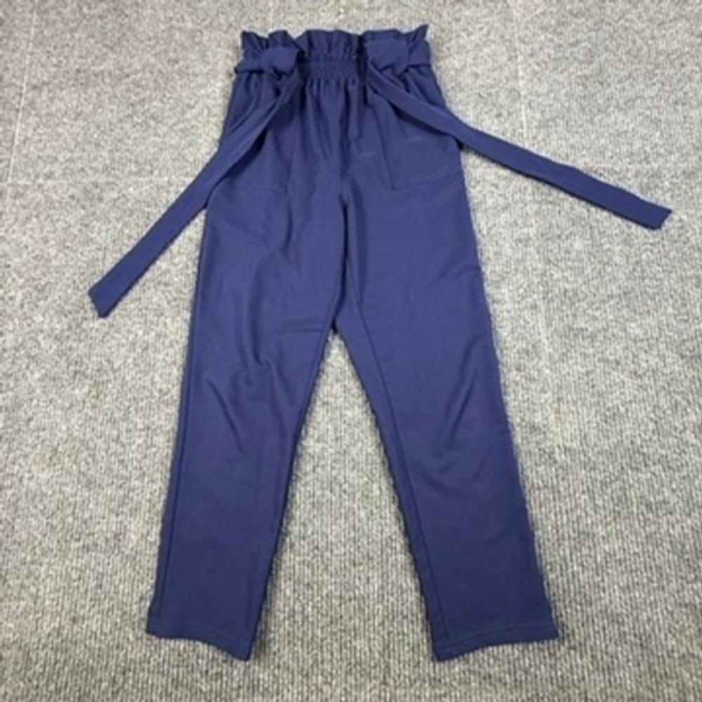 Grace Karin Womens Navy Blue Paperbag Waist Tie Front Straight Leg Pants Small